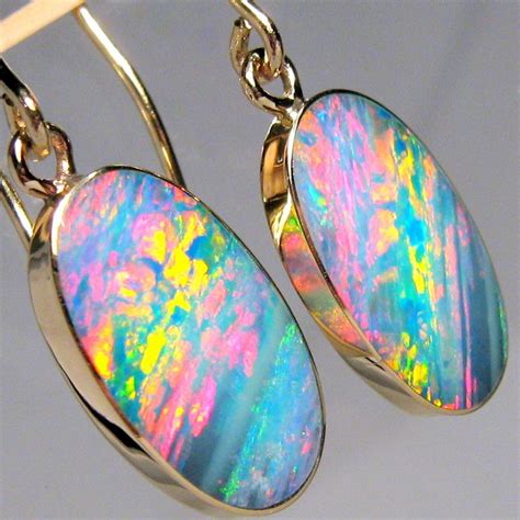 Genuine Australian Opal Dangle Earrings 14k Gold 87ct C16 Australian