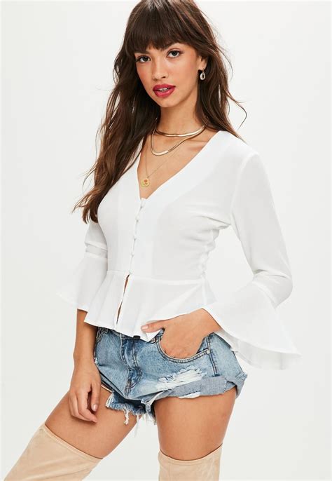 Missguided White Crepe Button Peplum Blouse Tops Peplum Blouse