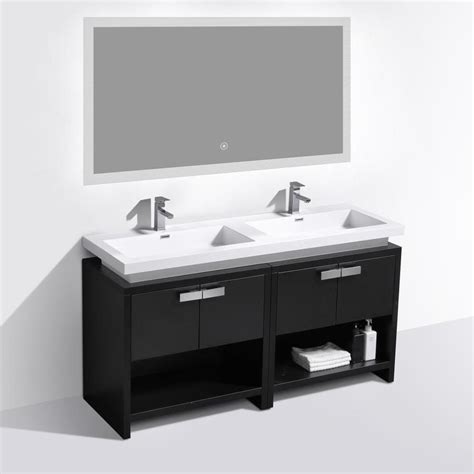 Base cabinet, faucet, medicine cabinet, mirror, night light, shelf, side cabinet kit, vanity seat. BAI 63-in Black Double Sink Bathroom Vanity with White ...