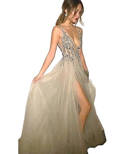 Prom Dresses Sexy Deep V Neck Sequins Beads Tulle And Lace High Split Long Evening Dresses