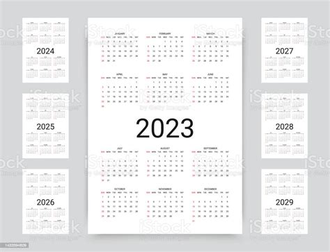 Calendar For 2023 2024 2025 2026 2027 2028 2029 Years Template Yearly