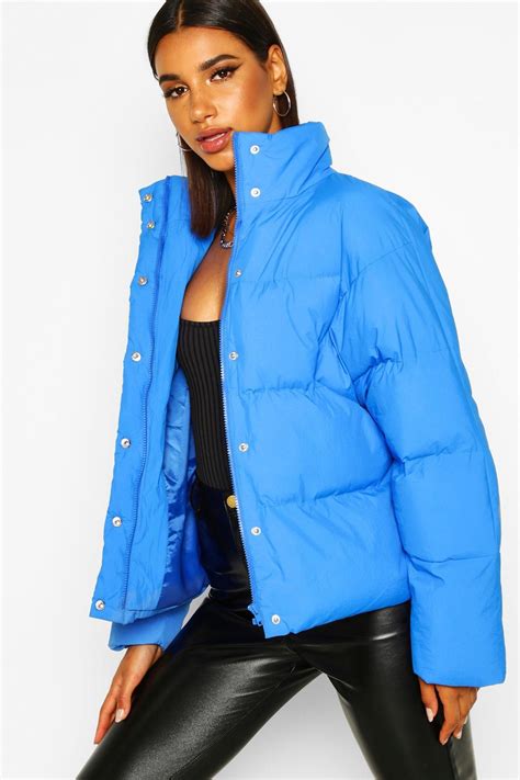 Womens Funnel Neck Puffer Jacket With Pockets Blue Puffer Jacket
