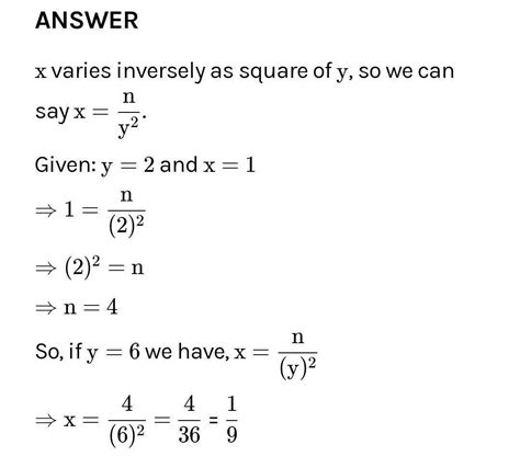 x varies inversely as square of y given that y 3 for x 1 find the value of x for y 4