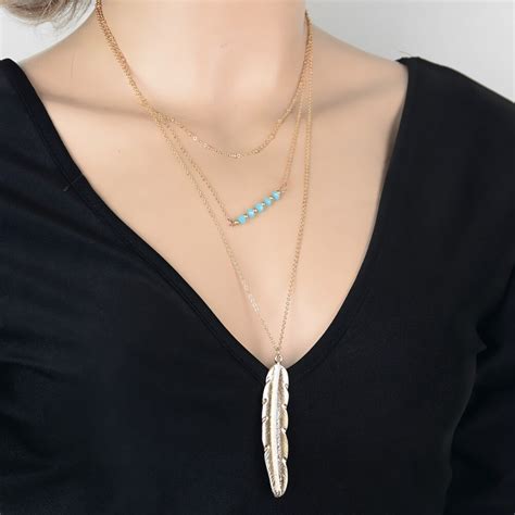 New Fashionable Vintage Multilayer Long Chains Necklaces For Women Feather Pendants Silver