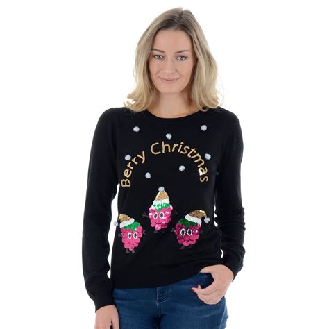 Ladies Womens Novelty Funny Sequins Rasp Berry Christmas Jumper Xmas