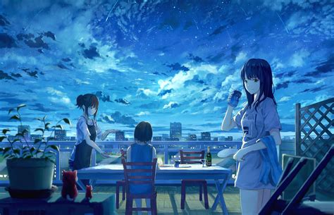 Wallpaper Anime Girls Sky Original Characters City Starry Night
