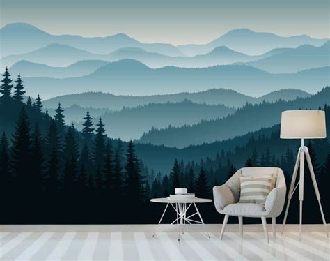 3d Mountain Mural Wallpaper Ombre Blue Mountain Pine Forest Etsy