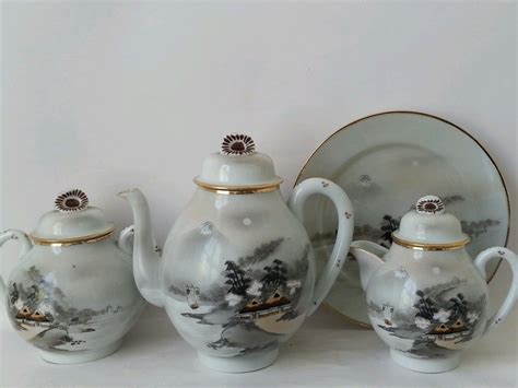 Vintage Hand Painted Japanese Eggshell Tea Set With Pot Cream Sugar And
