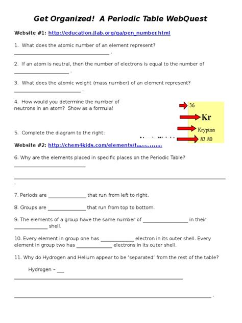 Columns on the periodic table are called families or. Get Organized A Periodic Table Webquest Answer Key ...