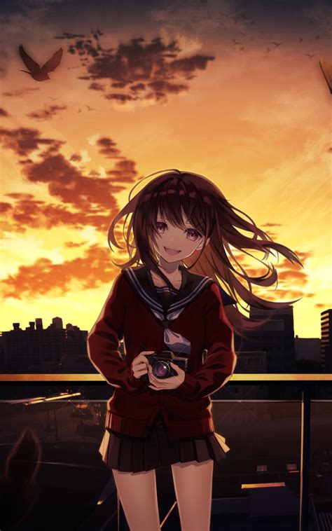800x1280 Smiling Anime Girl Taking Photographs Cityscape 4k Nexus 7