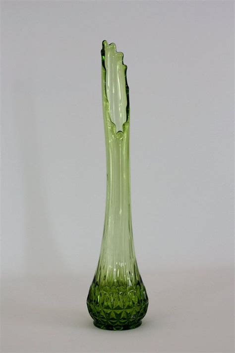 This Striking Tall And Large Avocado Green Mid Century Modern Stretch Glass Vase With An