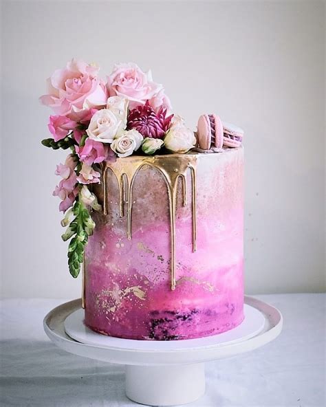 Hooray Cake Party Cake Pink Ombre Cake Inspo Florals Rose Cake Dripping Gold Gold