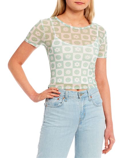 Miss Chievous Floralsmiley Face Checkered Mesh Two Fer Crop Top