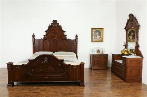 Sold Victorian Antique Walnut Bedroom Set King Size Bed 2 Chests