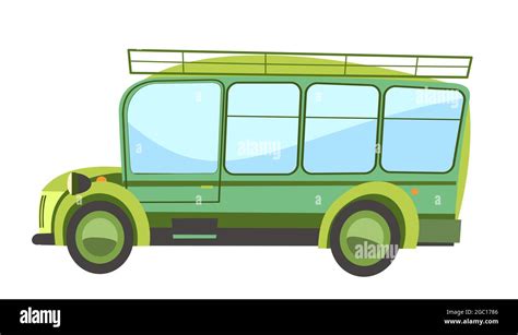 Green Tourism Bus Cartoon Comic Funny Style Side View Automobile For