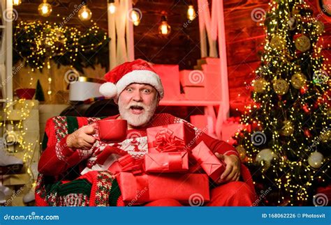 Delivering Ts Winter Vacation Elderly Grandpa At Home Traditions Concept Santa Claus Near