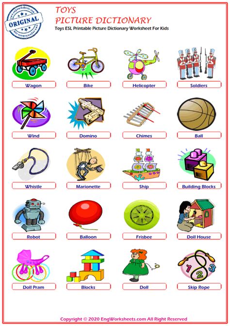 Toys Esl Printable Picture Dictionary Worksheet For Kids Image