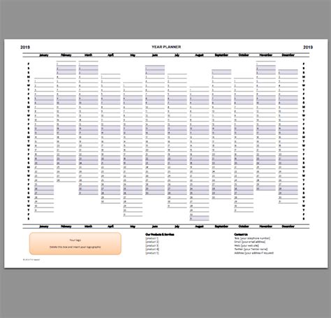 Year Planner Template 2019 Excel Printable File Infozio