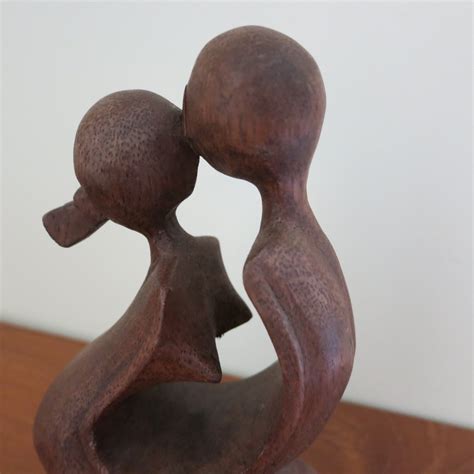 Vintage Wooden Abstract Kissing Couple Figure Love Wedding Statue