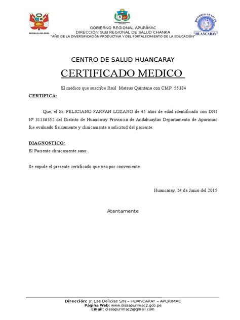 Modelo Certificado Medico Correo Electrónico Red Mundial