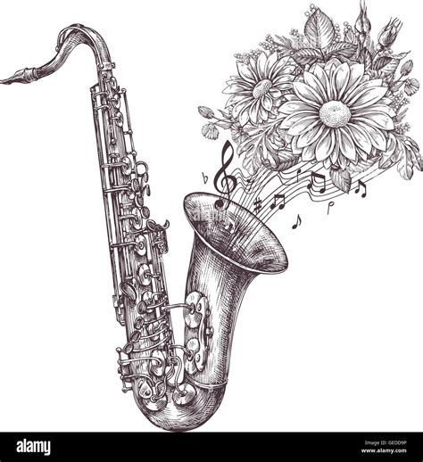 jazz music hand drawn sketch a saxophone sax and flowers vector illustration stock vector