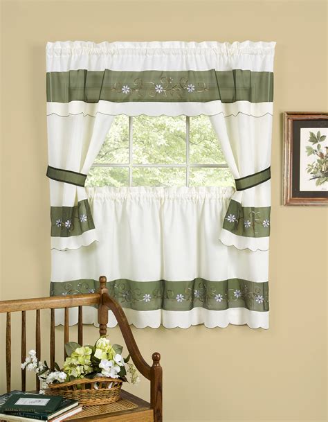 5-Piece Embellished Kitchen Curtain Cottage Set, Two Tone Country House