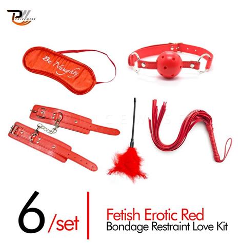 Fetish Erotic Red Bondage Restraint Love Kit With Whip Handcuff Mouth