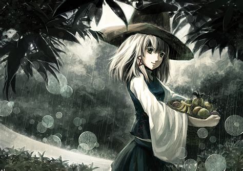Restaurant, dark, anime girls, alone, rain, window. blonde hair bubbles crowdesu food forest fruit green eyes hat moriya suwako rain ribbons touhou ...