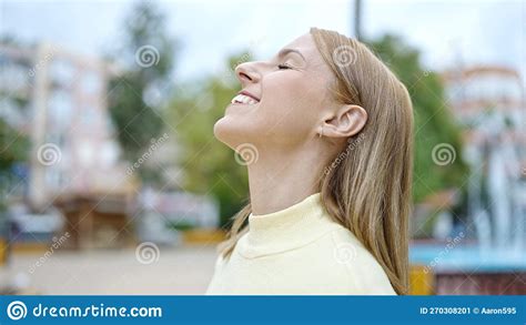 Young Blonde Woman Breathing With Closed Eyes At Park Stock Image Image Of Cool Beautiful