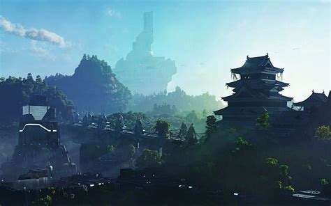 Hd Wallpaper Asian Sci Fi Buildings Temple And Bridge Fantasy