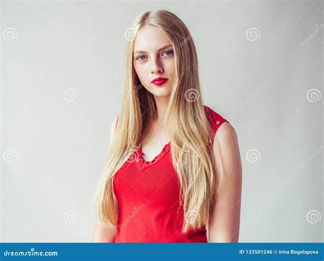 Beautiful Long Blonde Hair Woman In Red Dress Natural Over White Stock