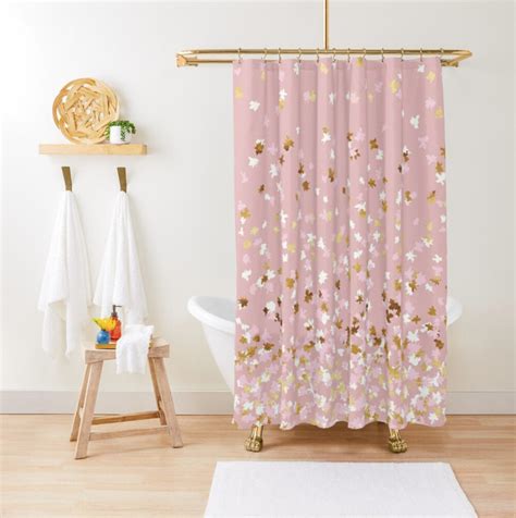 Shower Curtain Or Bath Mat Floating Confetti Dots Pink Blush White Gold