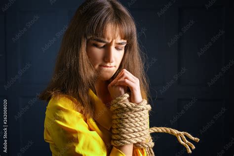 Tied With Rope Young Woman Tied Hands Woman In Captivity Stock Photo