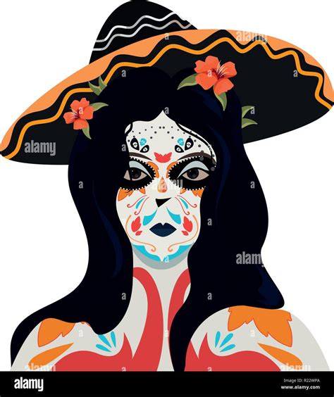 Traditional Catrina With Hat Flowers Day Of The Dead Vector