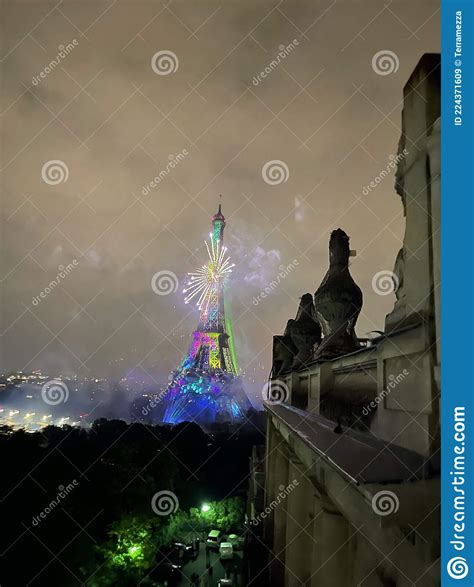 Paris On 14th Of July 2021 Fireworks Around Eiffel Tower Editorial