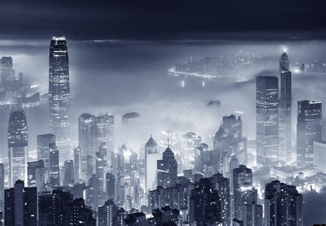 Foggy Night View Of Victoria Harbor In Hong Kong City Stock Image