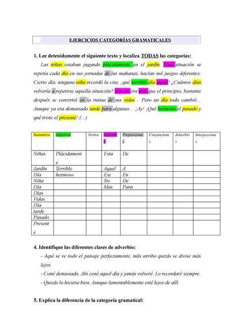 Taller Ejercicios Sobre Categoras Gramaticales 2 3 Ejercicios
