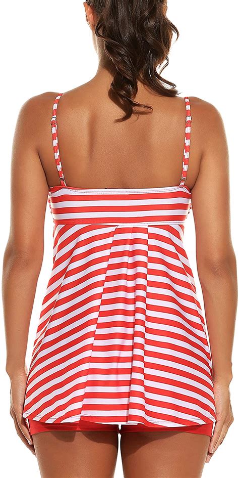 Women Retro Sailor Stripe Dot Tankini Set Two Pieces Red Size 30 Oc1
