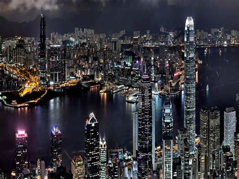 Asia City Hong Kong In China Look At Night Bay Boats Buildings