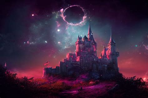 A Castle In The Sky With Stars And Planets Around It Surrounded By