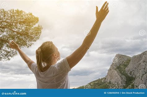 Woman With Arms Wide Open Stock Photo Image Of Hiker 128690094