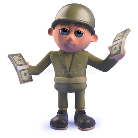 Cartoon 3d Army Soldier Holding Wads Of Dollar Bills Stock Illustration