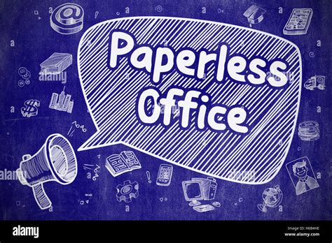 Paperless Office Cartoon Illustration On Blue Chalkboard Stock Photo