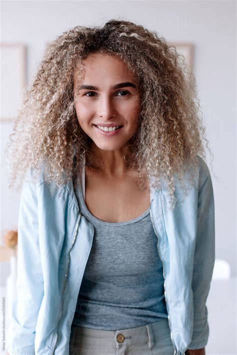 Smiing Laughing Happy Closeup Summer Portrait Of Young Stylish Curly Hair Woman Posing At Home
