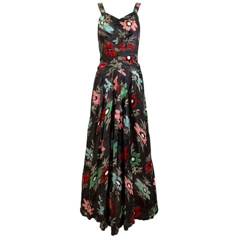 S Black Silk Lame Floral Print Gown Floral Print Gowns Printed