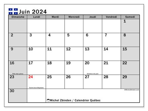 Calendrier Juin 2024 Québec Michel Zbinden Fr