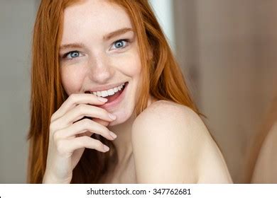 Portrait Cheerful Redhead Woman Looking Camera Stock Photo 347762681