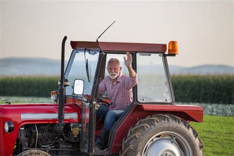 Farmer Driving Tractor In Field Stock Photo Image Of Hand Raised