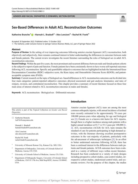 sex based differences in adult acl reconstruction outcomes request pdf