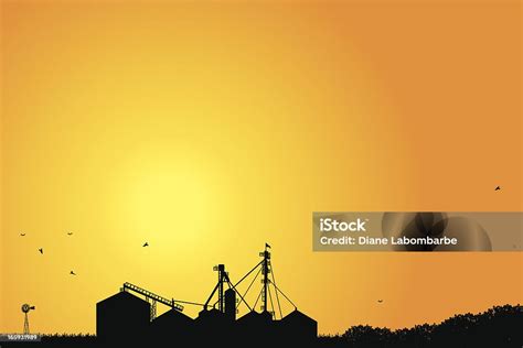 Agricultural Grain Silo And Corn Fields At Sunset Stock Illustration